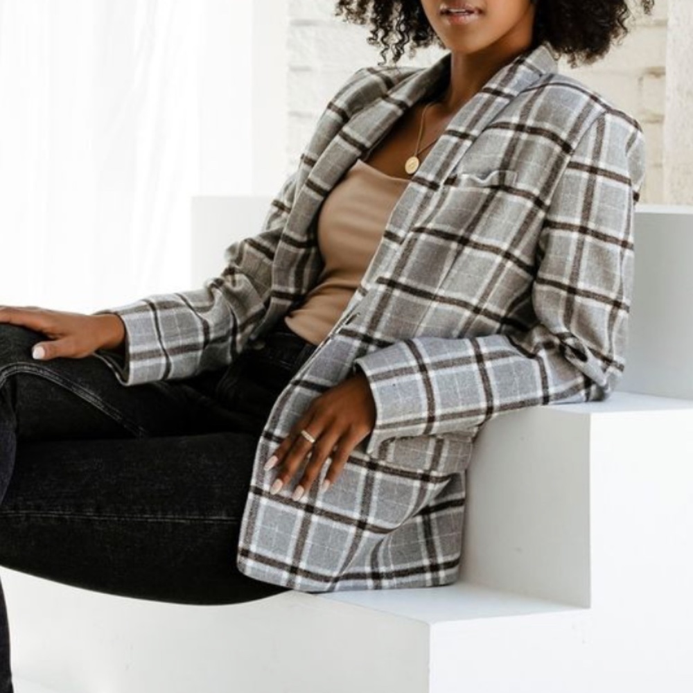Checked Gray Plaid Blazer - Women's Tailored Jacket